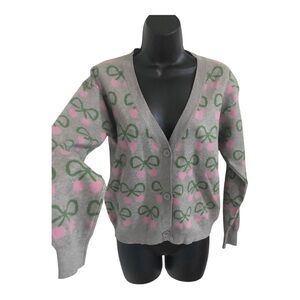 Grey and pink cherry green bow print knit cardigan‎ sweater size XS new